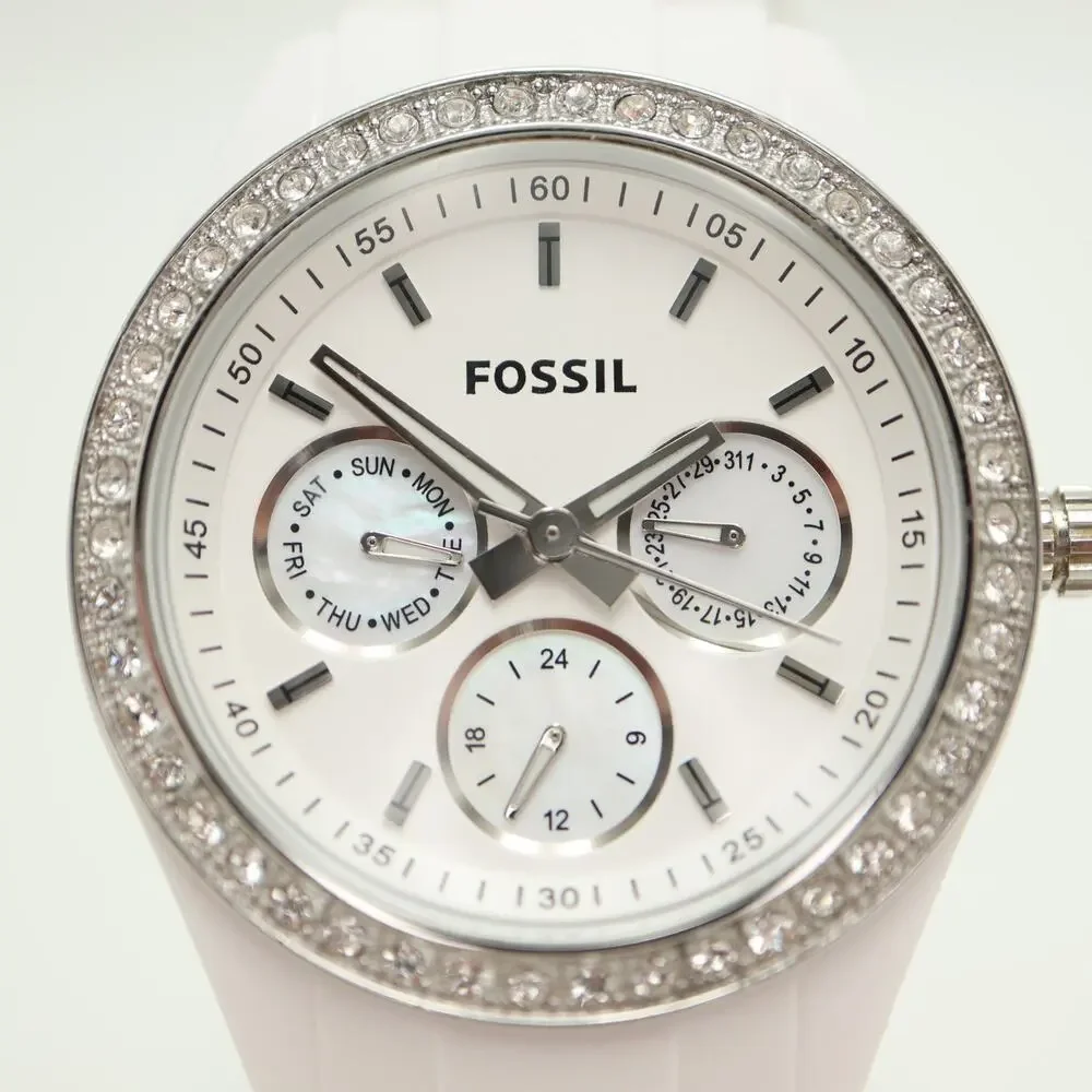 Fossil Stella Watch Women 38mm MOP White Acrylic Day Date Jewel Bezel ES1967